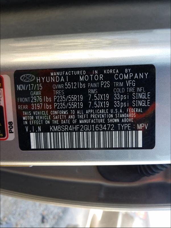 2016 HYUNDAI SANTA FE KM8SR4HF2GU163472