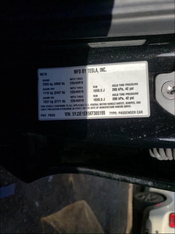 2019 TESLA MODEL 3 5YJ3E1EB5KF385199