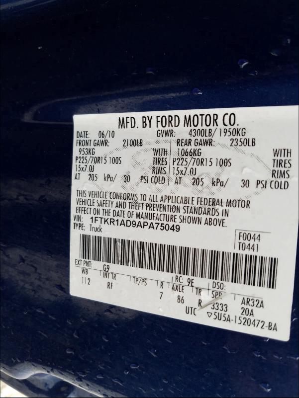2010 FORD RANGER 1FTKR1AD9APA75049