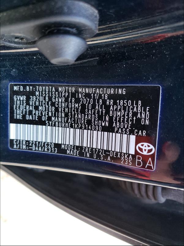2019 TOYOTA COROLLA L 5YFBURHE1KP914090