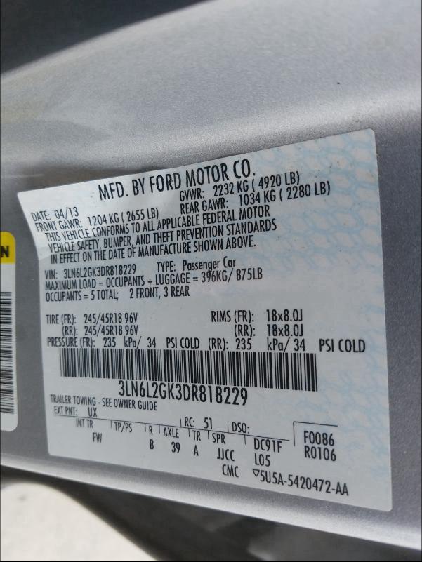 2013 LINCOLN MKZ 3LN6L2GK3DR818229
