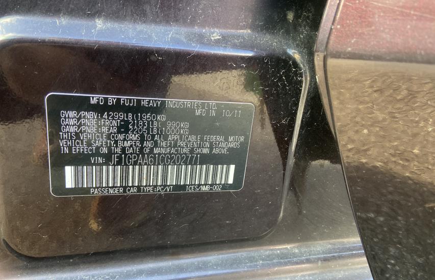 2012 SUBARU IMPREZA JF1GPAA61CG202771