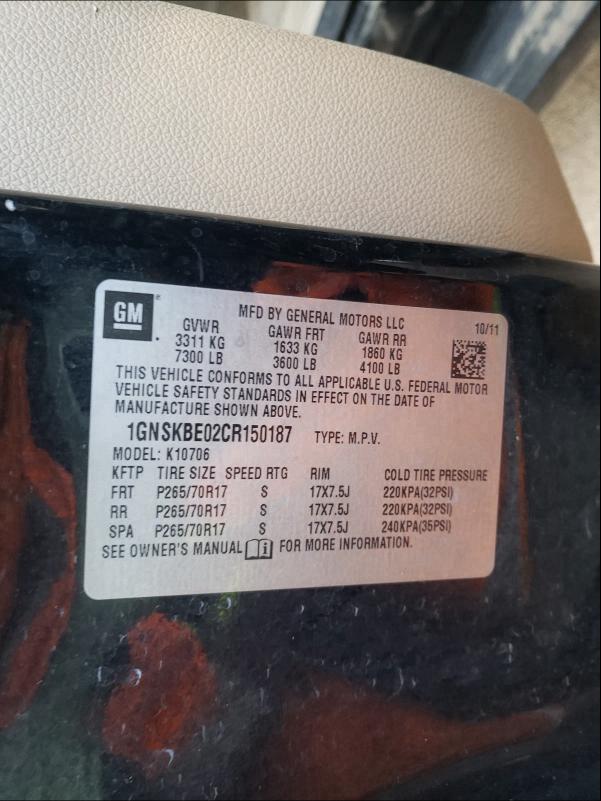 2012 CHEVROLET TAHOE K150 1GNSKBE02CR150187