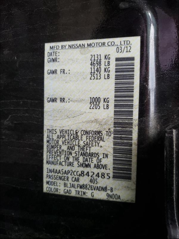 2012 NISSAN MAXIMA 1N4AA5AP2CC842485