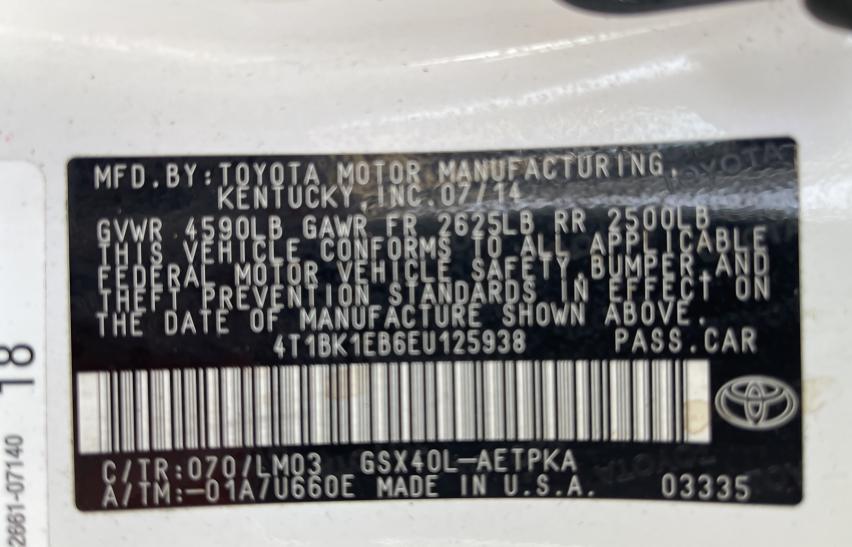 2014 TOYOTA AVALON BAS 4T1BK1EB6EU125938