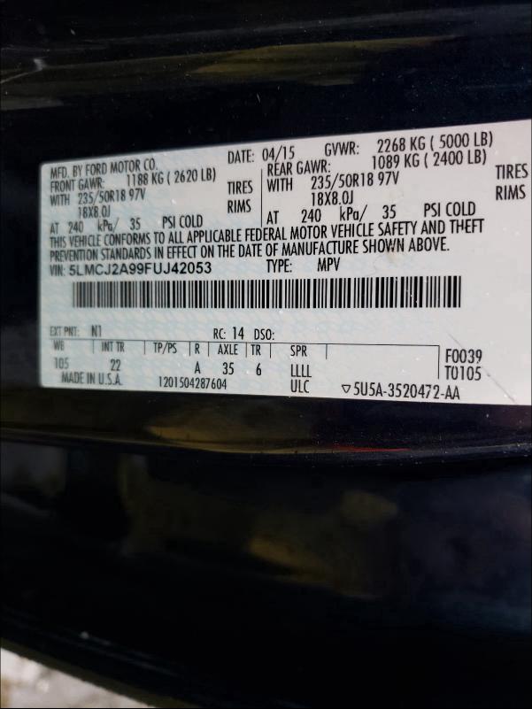 2015 LINCOLN MKC 5LMCJ2A99FUJ42053