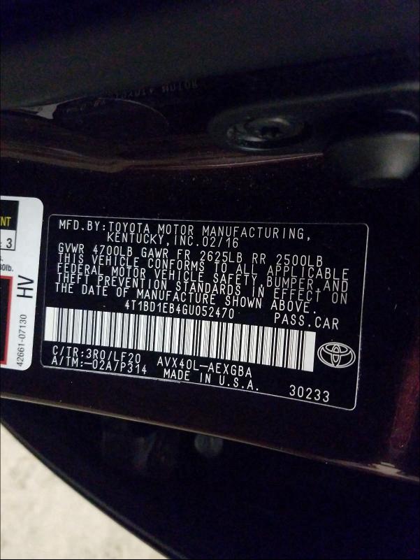 2016 TOYOTA AVALON HYB 4T1BD1EB4GU052470