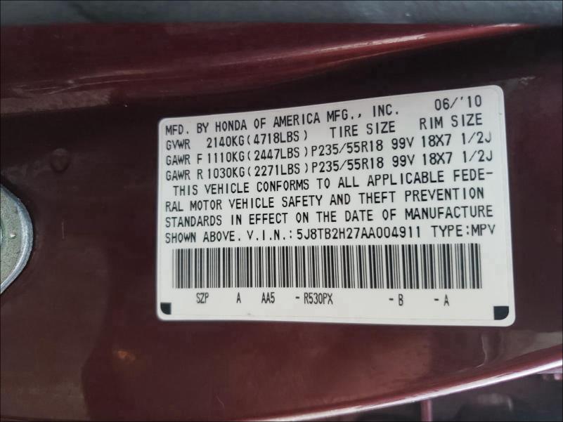 2010 ACURA RDX 5J8TB2H27AA004911
