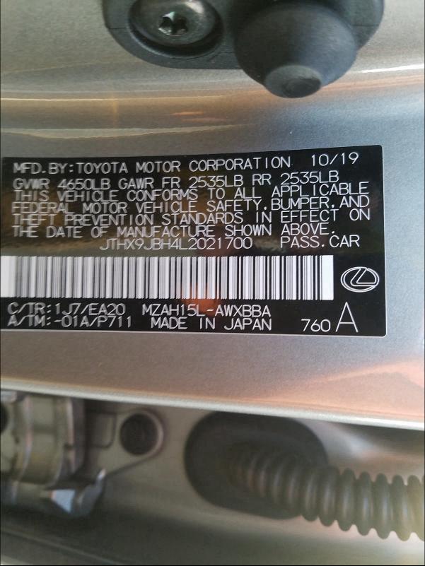 2020 LEXUS UX 250H JTHX9JBH4L2021700