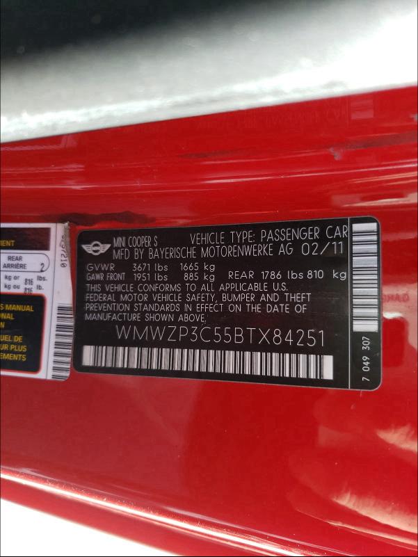 2011 MINI COOPER S WMWZP3C55BTX84251