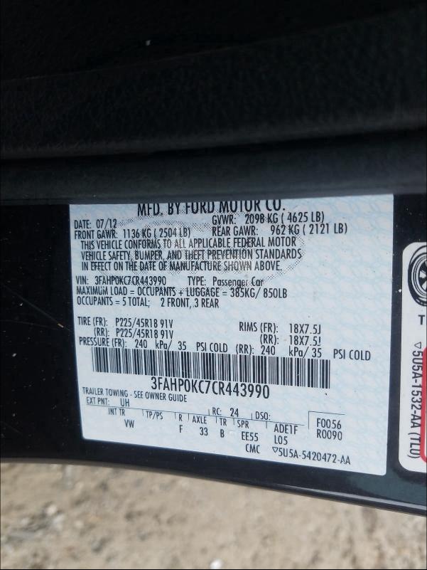 2012 FORD FUSION SPO 3FAHP0KC7CR443990