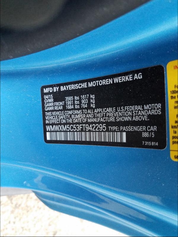 2015 MINI COOPER WMWXM5C53FT942295