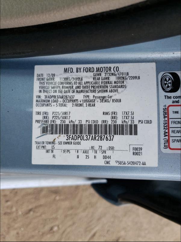 2010 FORD FUSION HYB 3FADP0L37AR287637