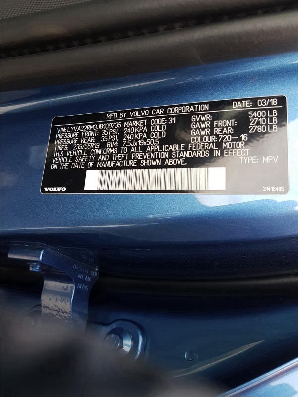 2018 VOLVO XC60 T6 R- LYVA22RM3JB109735