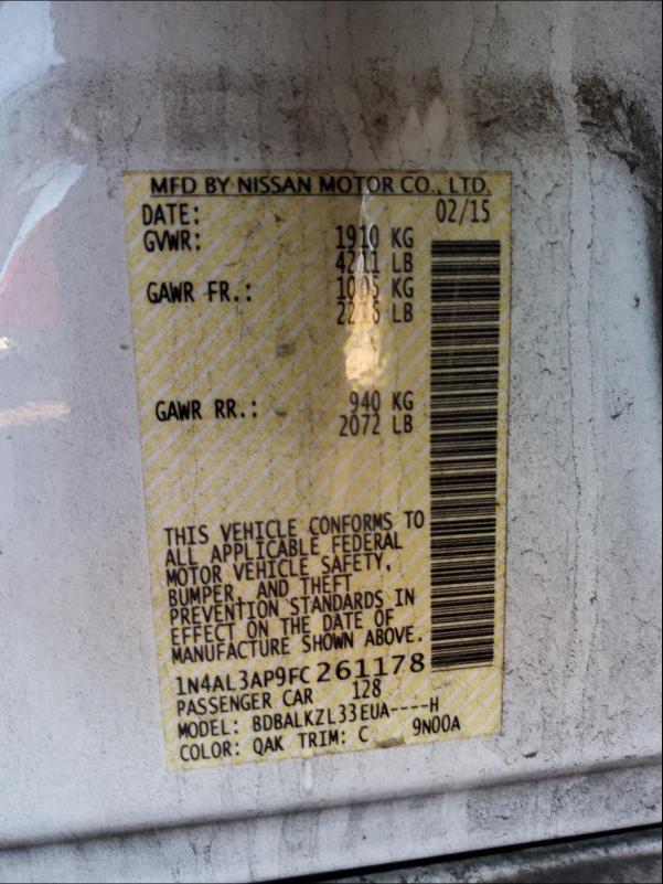 2015 NISSAN ALTIMA 2.5 1N4AL3AP9FC261178