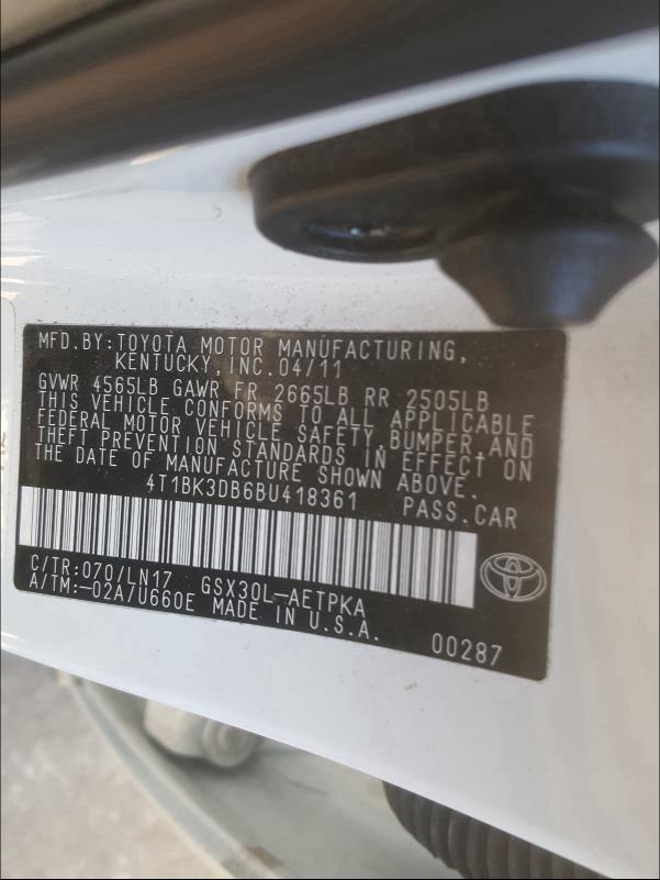 2011 TOYOTA AVALON BAS 4T1BK3DB6BU418361