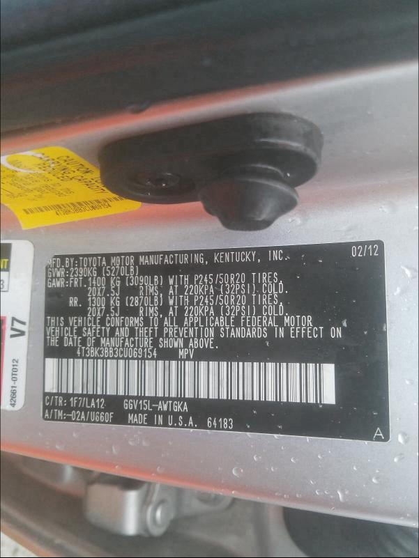 2012 TOYOTA VENZA LE - 4T3BK3BB3CU069154