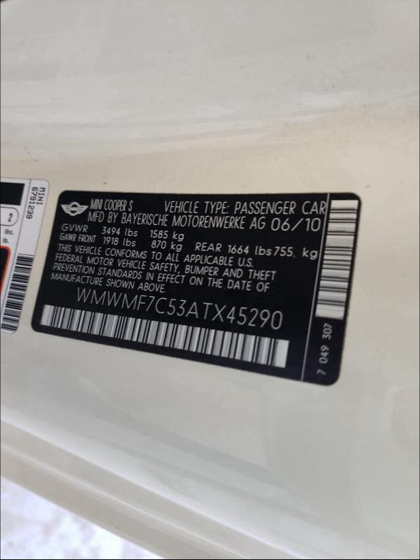 2010 MINI COOPER S WMWMF7C53ATX45290
