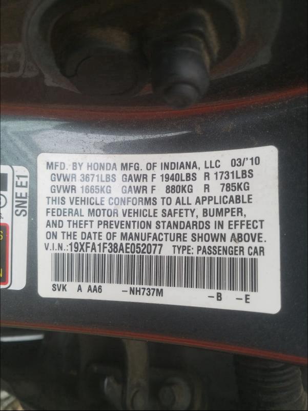 2010 HONDA CIVIC VP 19XFA1F38AE052077