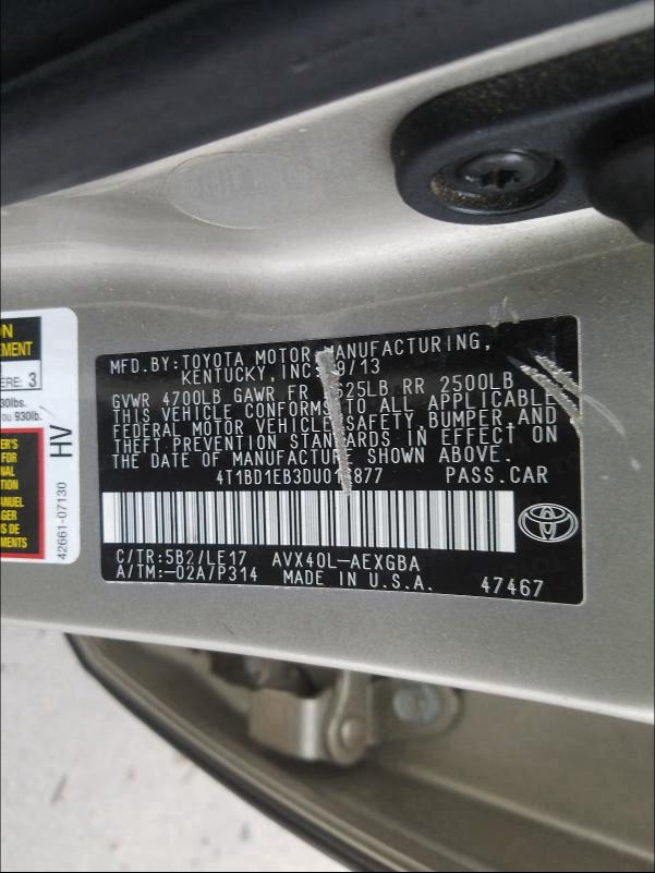 2013 TOYOTA AVALON HYB 4T1BD1EB3DU016877