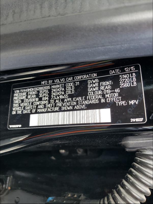 2016 VOLVO XC60 T6 PR YV449MDK0G2882695