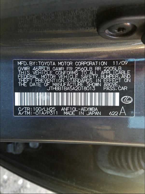 2010 LEXUS HS 250H JTHBB1BA5A2018013
