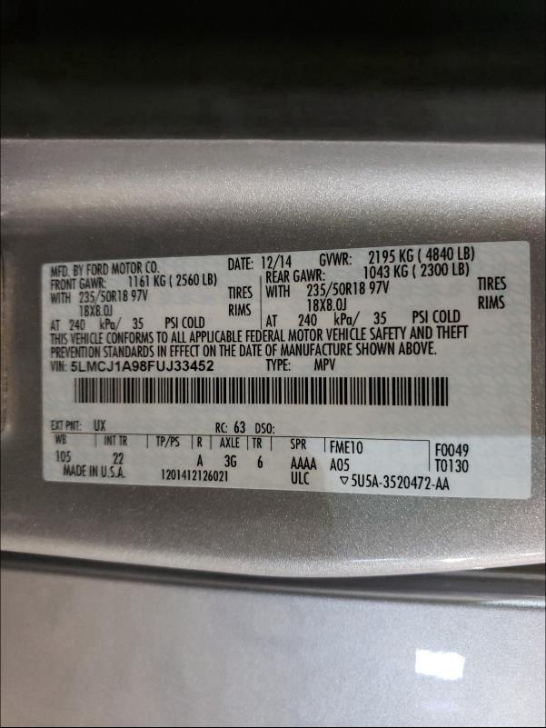 2015 LINCOLN MKC 5LMCJ1A98FUJ33452
