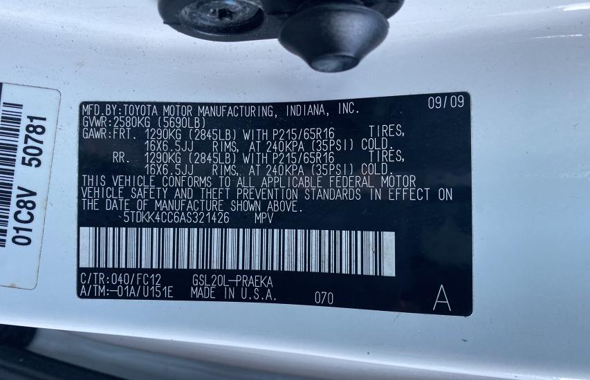 2010 TOYOTA SIENNA CE 5TDKK4CC6AS321426
