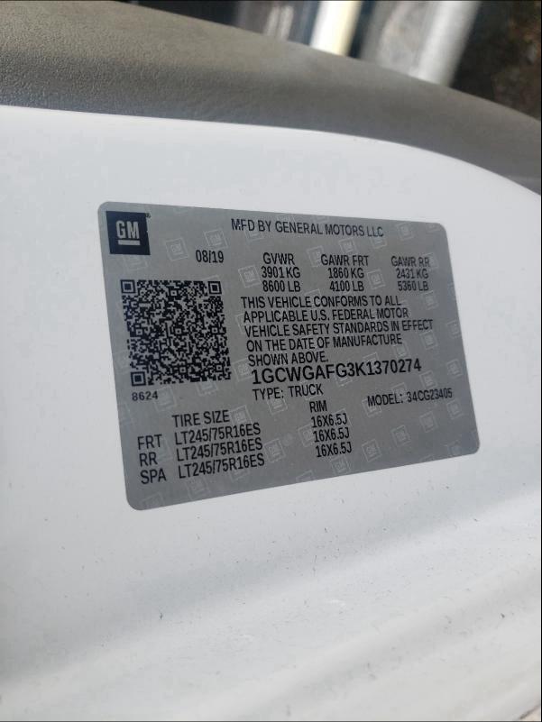 2019 CHEVROLET EXPRESS G2 1GCWGAFG3K1370274