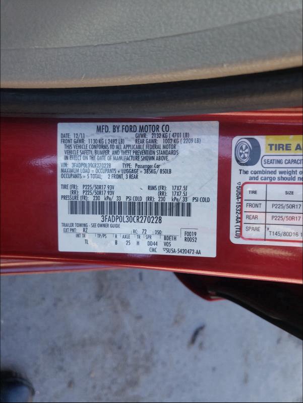 2012 FORD FUSION HYB 3FADP0L30CR270228