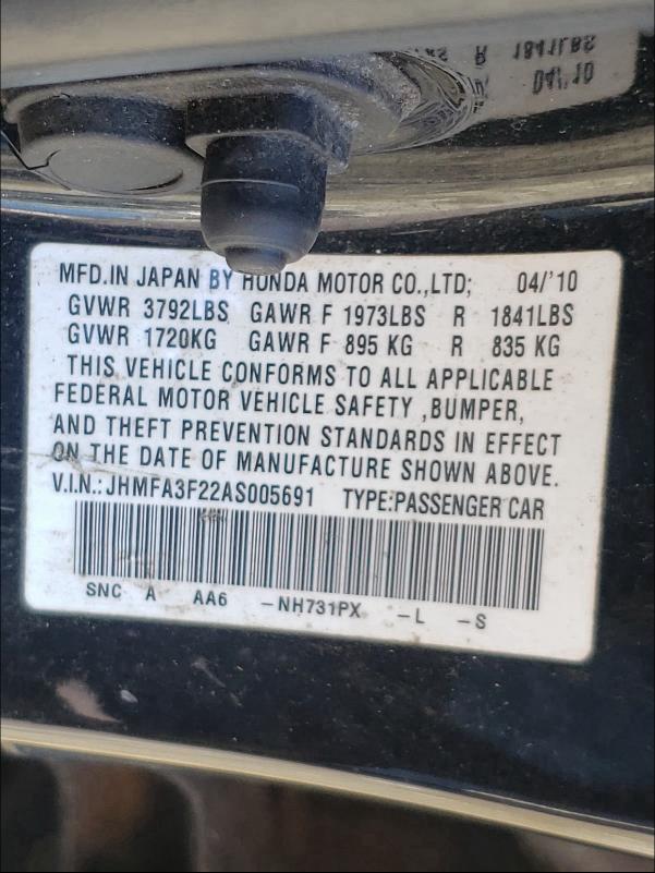 2010 HONDA CIVIC HYBR JHMFA3F22AS005691