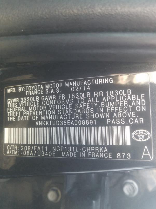 2014 TOYOTA YARIS - VNKKTUD35EA008891