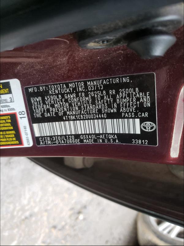 2013 TOYOTA AVALON BAS 4T1BK1EB2DU034440