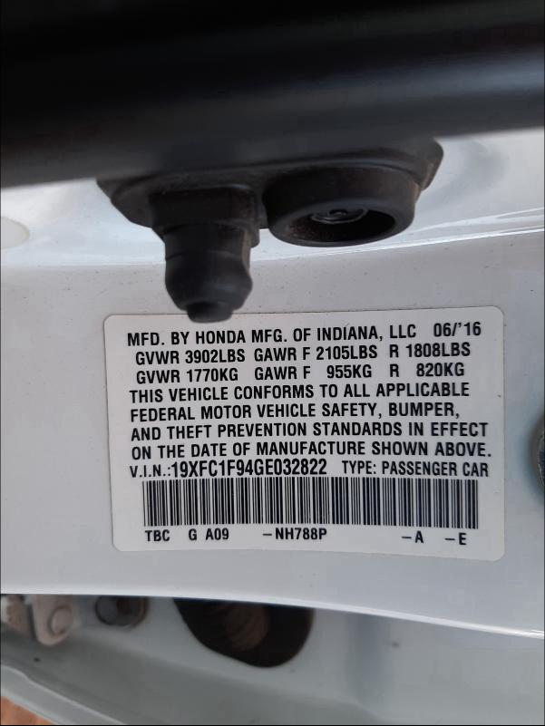 2016 HONDA CIVIC TOUR 19XFC1F94GE032822
