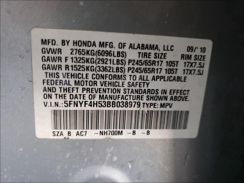 2011 HONDA PILOT EXL 5FNYF4H53BB038979