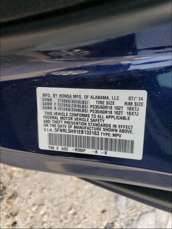 2014 HONDA ODYSSEY TO 5FNRL5H91EB133163