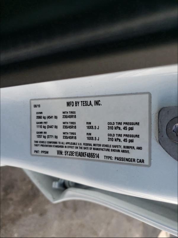 2019 TESLA MODEL 3 5YJ3E1EA0KF486514
