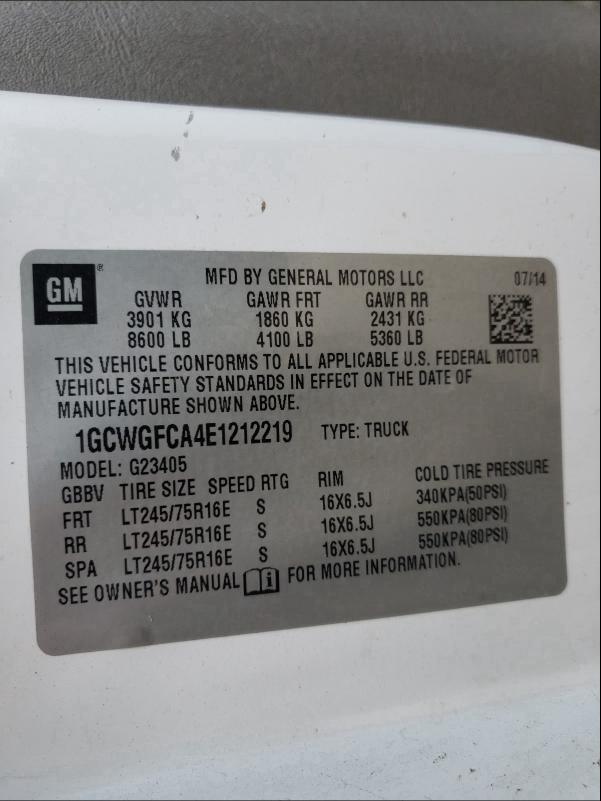 2014 CHEVROLET EXPRESS G2 1GCWGFCA4E1212219