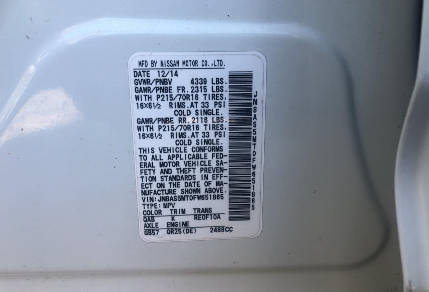 2015 NISSAN ROGUE SELE JN8AS5MT0FW651865