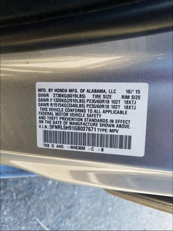 2016 HONDA ODYSSEY TO 5FNRL5H91GB027671