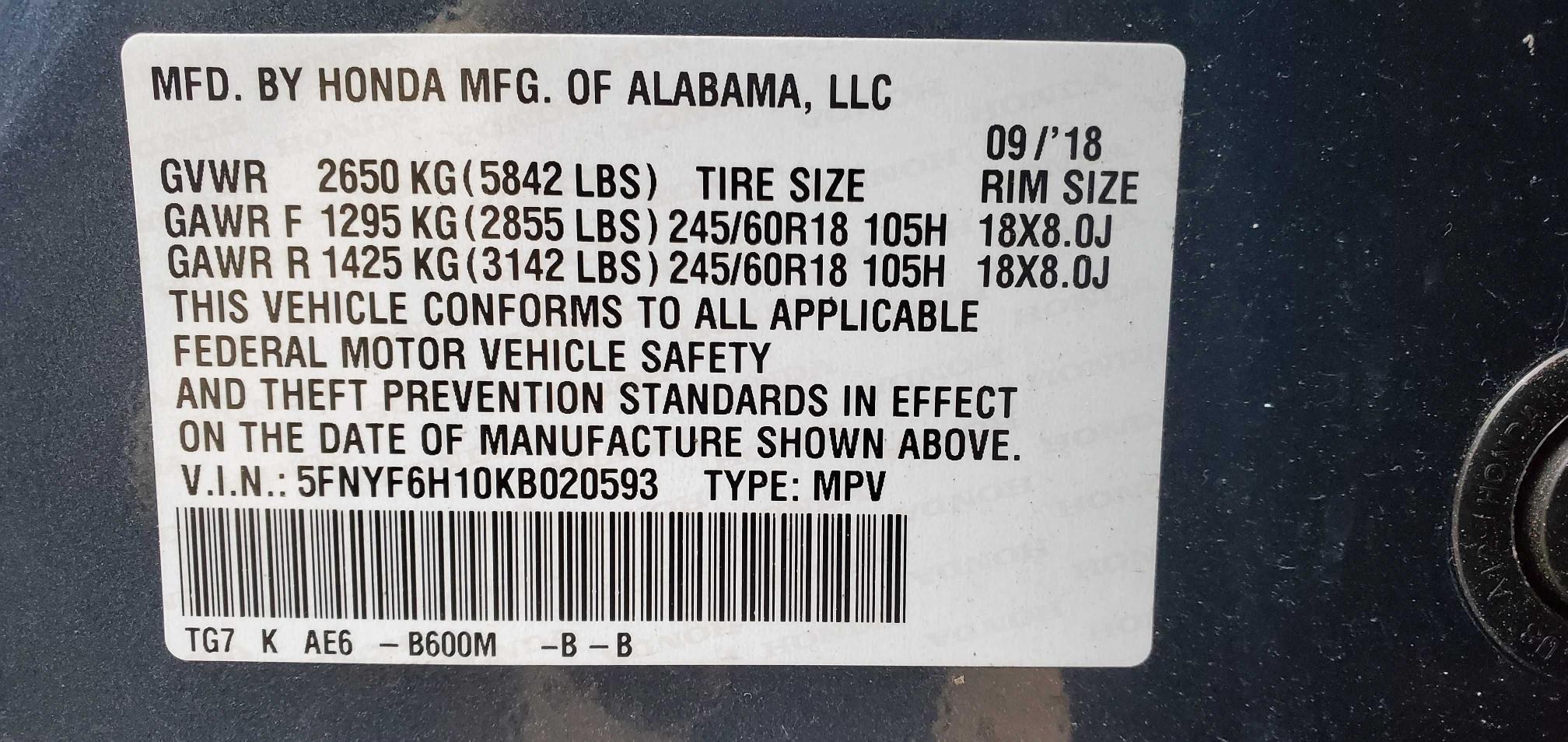 2019 HONDA PILOT LX 5FNYF6H10KB020593