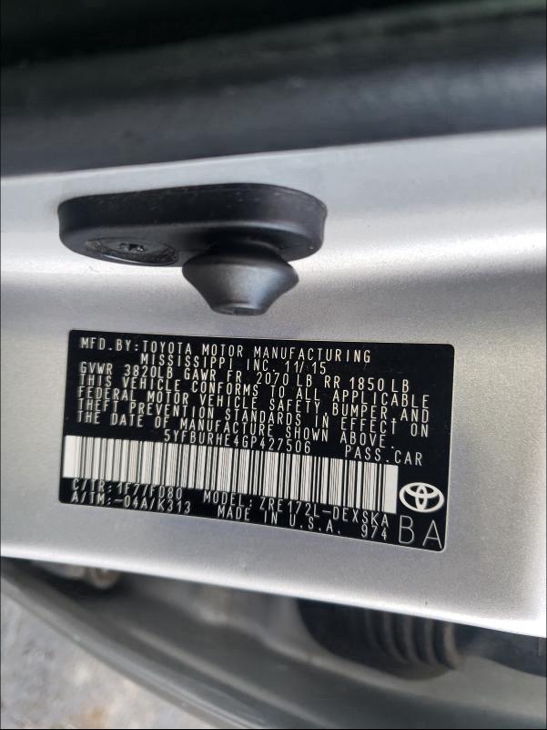 2016 TOYOTA COROLLA L 5YFBURHE4GP427506