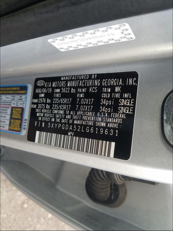 2020 KIA SORENTO S 5XYPGDA52LG619631