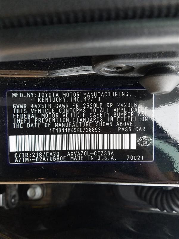 2019 TOYOTA CAMRY L 4T1B11HK9KU728893