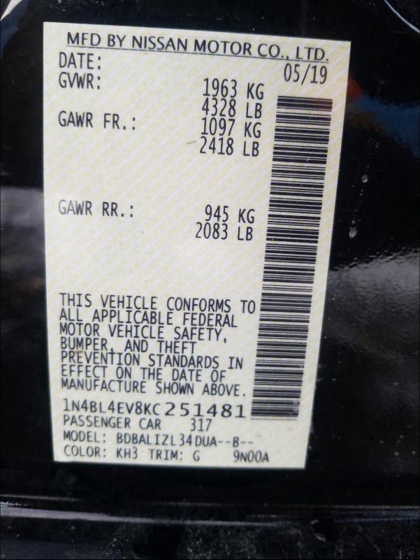 2019 NISSAN ALTIMA SL 1N4BL4EV8KC251481