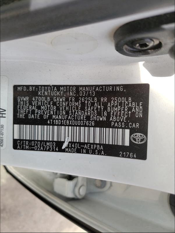 2013 TOYOTA AVALON HYB 4T1BD1EBXDU007626