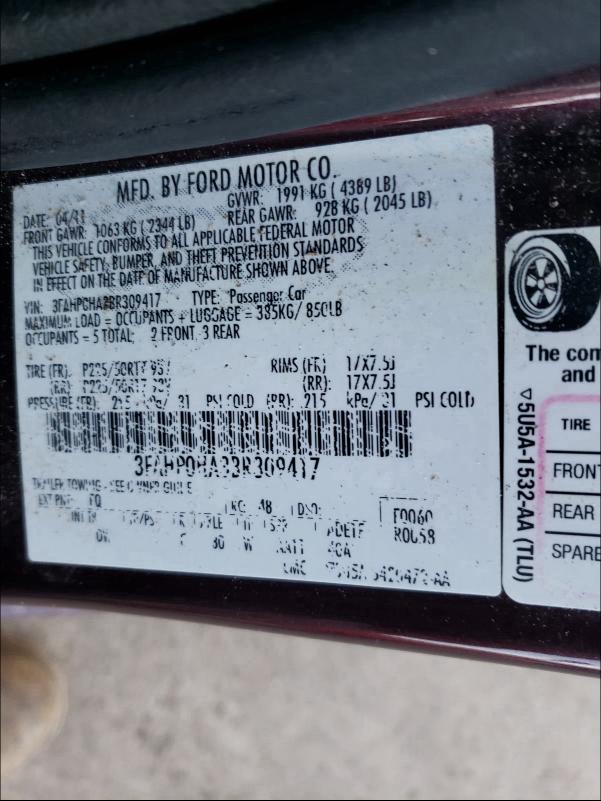 2011 FORD FUSION 3FAHP0HA3BR309417