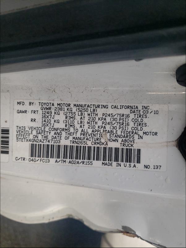 2010 TOYOTA TACOMA PRE 5TETX4GN2AZ747103