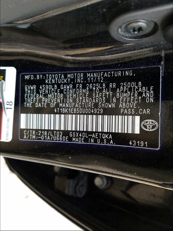 2013 TOYOTA AVALON BAS 4T1BK1EB5DU004929