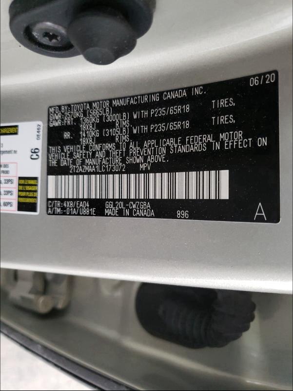 2020 LEXUS RX 350 BAS 2T2AZMAA1LC173072